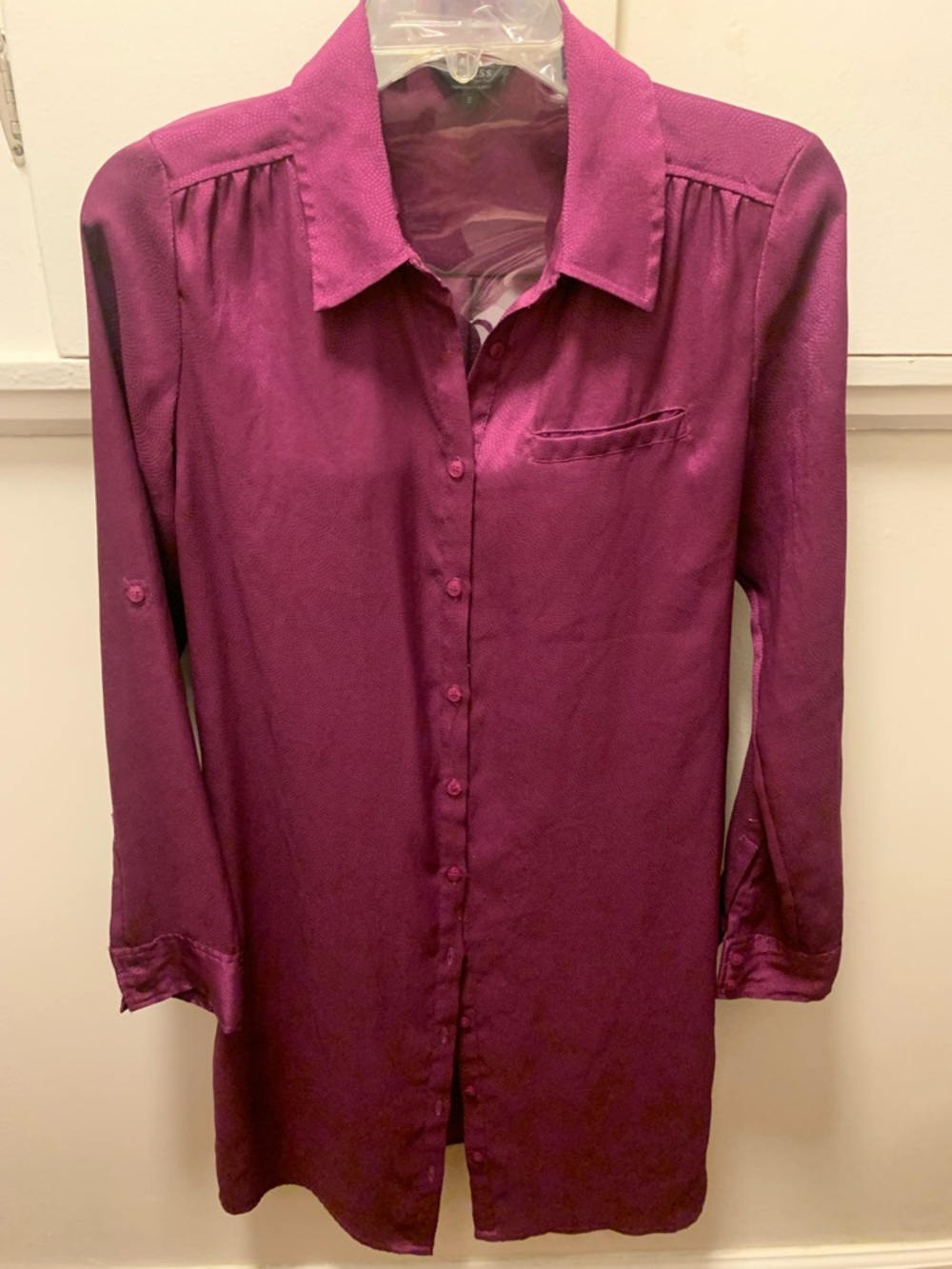 Guess Long Sleeve Tunic Shirt Dress in Magenta